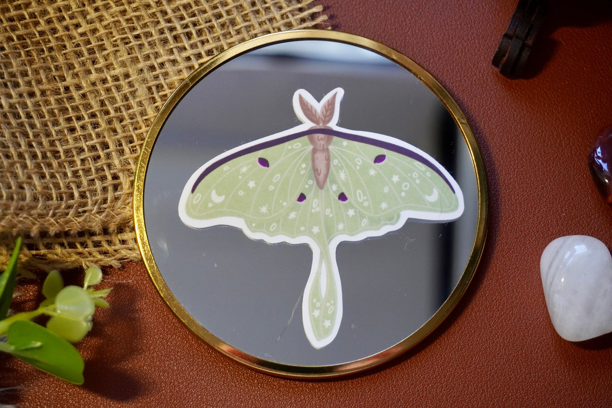 The image shows a sticker of a luna moth on a circle mirror. The moth is light green with intricate white star, moon, and dot designs on its wings, along with dark purple accents and a brown body. The sticker is die-cut to follow the shape of the moth, giving it a distinct and whimsical appearance. 