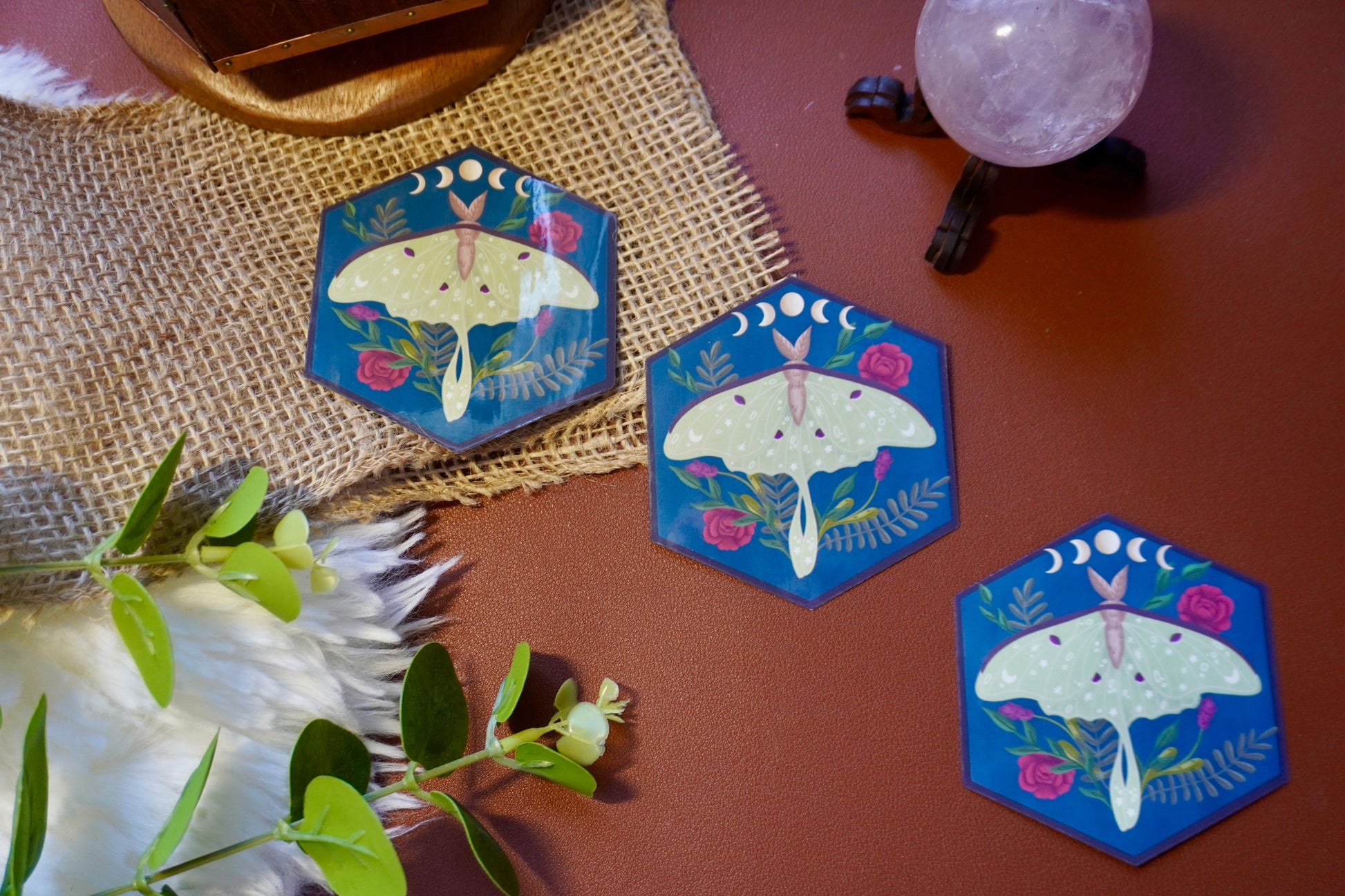 The image shows a hexagon-shaped sticker. The design features a green luna moth with decorative star and dot patterns on its wings, surrounded by various plants including red roses and ferns. Above the moth, a lunar phase motif is displayed, showing the progression of the moon from waxing crescent to full and waning crescent. The background is a deep blue, enhancing the contrast with the soft green moth and vibrant plant colors. The overall style is whimsical and nature-inspired.