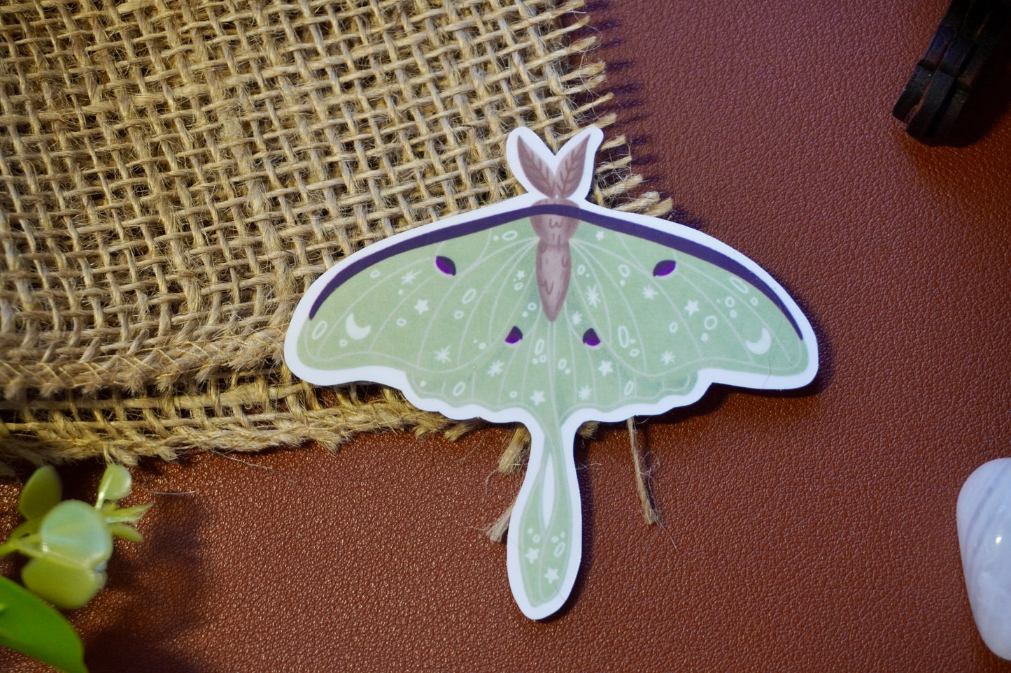 The image shows a sticker of a luna moth. The moth is light green with intricate white star, moon, and dot designs on its wings, along with dark purple accents and a brown body. The sticker is die-cut to follow the shape of the moth, giving it a distinct and whimsical appearance. 